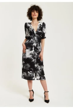 Liquorish Mono Abstract Print Knot Front Midi Dress